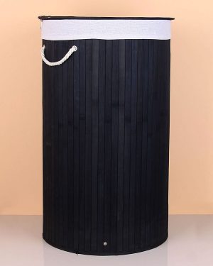Siyah Bambu Yuvarlak Çamaşır Sepeti